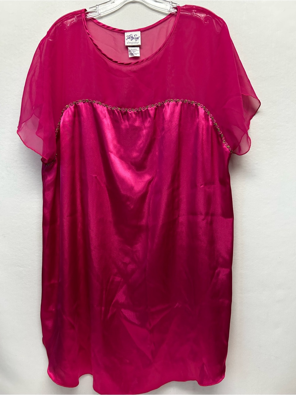 Hot Pink Satin & Chiffon Short Sleeve nightie  with Beaded Trim